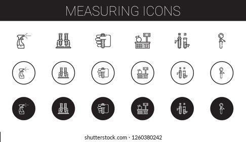 measuring icons set. Collection of measuring with tools and utensils, test tube, scoop. Editable and scalable measuring icons.