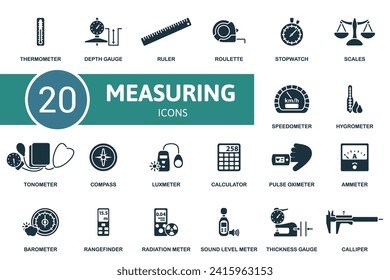 Measuring icons set. Creative icons: thermometer, depth gauge, ruler, roulette, stopwatch, scales, speedometer, hygrometer and more