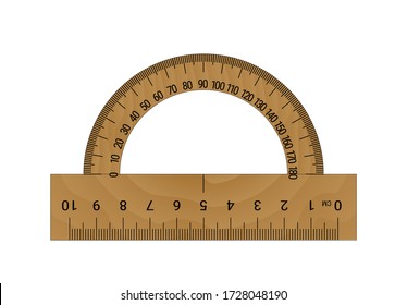 El instrumento de medida es un protractor con textura de madera sobre fondo blanco. Ilustración vectorial.