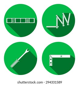 Measuring Instrument, Zigzag Folding Rule, Clinometer, Angle, Scrap, Pinch Bar, Level Icon. Repair, Fix, Measure, Building Tool Symbol. Round Circle Flat Icon With Long Shadow. Flat Design. Vector