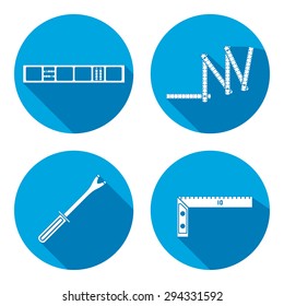 Measuring instrument, zigzag folding rule, clinometer, angle, scrap, pinchbar, level icon. Repair, fix, measure, building tool symbol. Round circle flat icon with long shadow. Flat design. Vector