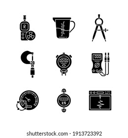 Measuring instruments black glyph icons set on white space. Radiation dosimeter. Measuring cup. Compass. Micrometer. Stopwatch. Voltmeter, ohmmeter. Silhouette symbols. Vector isolated illustration