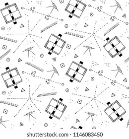 Measuring instruments. Devices, equipment for geodetic works, topography, inspection. Geodetic survey engineering drawings. Seamless pattern in vector.