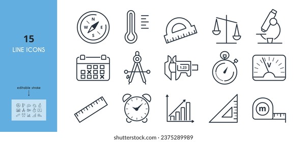 Messgeräte Zeilensymbol-Set. Graph, Kompass, Thermometer, Voltmeter, Kaliber, Waagen, protraktorische Vektorgrafiken. Bearbeitbarer Strich.