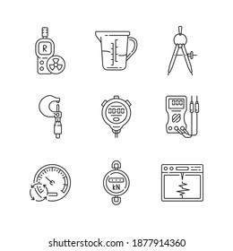 Measuring instruments linear icons set. Radiation dosimeter. Measuring cup. Compass. Micrometer. Customizable thin line contour symbols. Isolated vector outline illustrations. Editable stroke