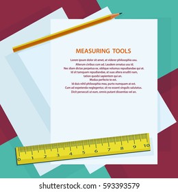 Measuring instruments, ruler, pencil, against sheets of paper. Blank sheet with space for text. Stock vector illustration.