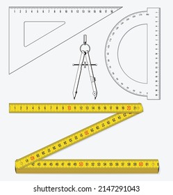 measuring instruments. rulers, folding rule. isolated on white illustration
