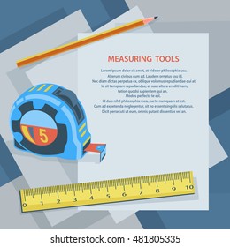 Measuring instruments, measuring tape, ruler, pencil, against sheets of paper. Blank sheet with space for text. Stock vector illustration.