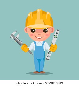Measuring Instruments vernier caliper scale spirit level cute builder engeneer condolences compassion cartoon mascot character design vector illustration