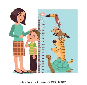 Measuring kids height with parent. Mom helps son with growth scale indicator. Ruler with exotic animals. Cute turtle, tiger or raccoon. Childish stadiometer. Splendid