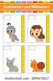 Measuring length in centimeter and millimeter. Education developing worksheet. Game for kids. Color activity page. Puzzle for children. Cute character. Vector illustration. cartoon style.