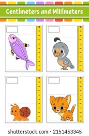 Measuring length in centimeter and millimeter. Education developing worksheet. Game for kids. Color activity page. Puzzle for children. Cute character. Vector illustration. cartoon style.