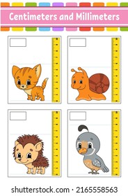 Measuring length in centimeter and millimeter. Education developing worksheet. Game for kids. Color activity page. Puzzle for children. Cute character. Vector illustration. cartoon style.