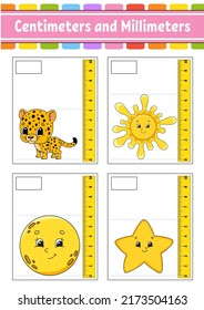 Measuring length in centimeter and millimeter. Education developing worksheet. Game for kids. Color activity page. Puzzle for children. Cute character. Vector illustration. cartoon style.