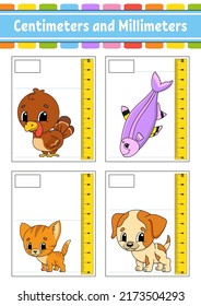 Measuring length in centimeter and millimeter. Education developing worksheet. Game for kids. Color activity page. Puzzle for children. Cute character. Vector illustration. cartoon style.