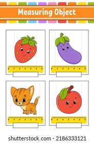 Measuring length in centimeter and millimeter. Education developing worksheet. Game for kids. Color activity page. Puzzle for children. Cute character. Vector illustration. cartoon style.