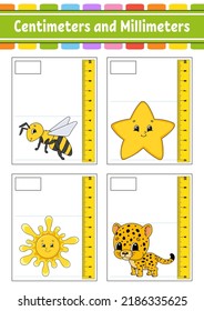 Measuring length in centimeter and millimeter. Education developing worksheet. Game for kids. Color activity page. Puzzle for children. Cute character. Vector illustration. cartoon style.
