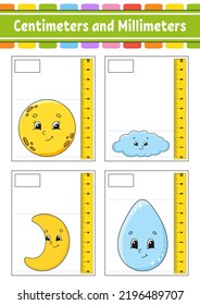 Measuring length in centimeter and millimeter. Education developing worksheet. Game for kids. Color activity page. Puzzle for children. Cute character. Vector illustration. cartoon style.