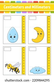 Measuring length in centimeter and millimeter. Education developing worksheet. Game for kids. Color activity page. Puzzle for children. Cute character. Vector illustration. cartoon style.