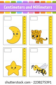 Messlänge in Zentimetern und Millimetern. Arbeitsblatt für die Erziehung. Spiel für Kinder. Seite mit Farbaktivität. Puzzle für Kinder. Rutsche Zeichen. Vektorgrafik. Cartoon-Stil.