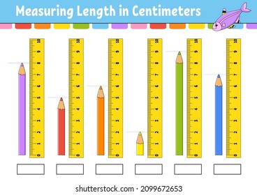 Measuring length in centimeter with ruler. Education developing worksheet. Game for kids. Color activity page. Puzzle for children. Cute character. Vector illustration. cartoon style.