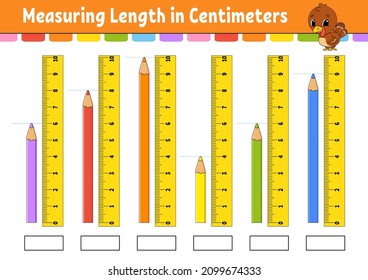 Measuring length in centimeter with ruler. Education developing worksheet. Game for kids. Color activity page. Puzzle for children. Cute character. Vector illustration. cartoon style.