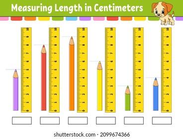 Messung der Länge in Zentimetern mit Lineal. Arbeitsblatt für die Erziehung. Spiel für Kinder. Seite mit Farbaktivität. Puzzle für Kinder. Rutsche Zeichen. Vektorgrafik. Cartoon-Stil.