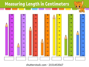 Measuring length in centimeter with ruler. Education developing worksheet. Game for kids. Color activity page. Puzzle for children. Cute character. Vector illustration. cartoon style.