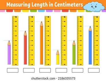 Measuring length in centimeter with ruler. Education developing worksheet. Game for kids. Color activity page. Puzzle for children. Cute character. Vector illustration. cartoon style.