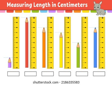 Measuring length in centimeter with ruler. Education developing worksheet. Game for kids. Color activity page. Puzzle for children. Cute character. Vector illustration. cartoon style.