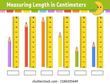 Measuring length in centimeter with ruler. Education developing worksheet. Game for kids. Color activity page. Puzzle for children. Cute character. Vector illustration. cartoon style.