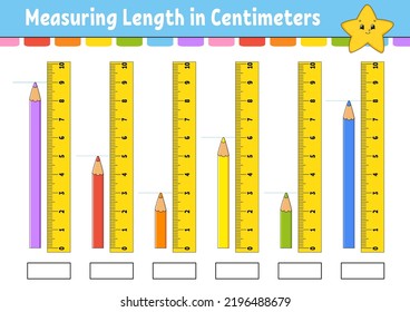 Measuring length in centimeter with ruler. Education developing worksheet. Game for kids. Color activity page. Puzzle for children. Cute character. Vector illustration. cartoon style.