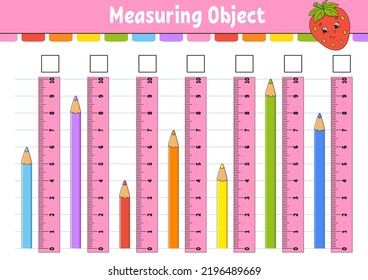 Longitud de medición en centímetro con regla. Educación desarrollando hoja de trabajo. Juego para niños. Página de actividad de color. Rompecabezas para los niños. Carácter lindo. Ilustración vectorial. estilo de dibujos animados.