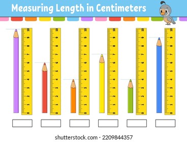 Messung der Länge in Zentimetern mit Lineal. Arbeitsblatt für die Erziehung. Spiel für Kinder. Seite mit Farbaktivität. Puzzle für Kinder. Rutsche Zeichen. Vektorgrafik. Cartoon-Stil.