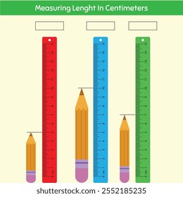 Measuring length in centimeter with ruler. Education developing worksheet.