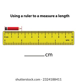 Measuring length in centimeters with the ruler. Education developing worksheet. Game for kids. Puzzle for children. Vector illustration. cartoon style.