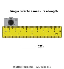 Measuring length in centimeters with the ruler. Education developing worksheet. Game for kids. Puzzle for children. Vector illustration. cartoon style.