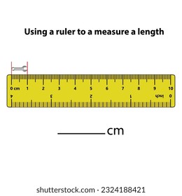 Measuring length in centimeters with the ruler. Education developing worksheet. Game for kids. Puzzle for children. Vector illustration. cartoon style.