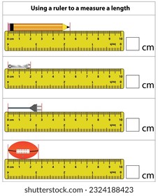 Measuring length in centimeters with the ruler. Education developing worksheet. Game for kids. Puzzle for children. Vector illustration. cartoon style.