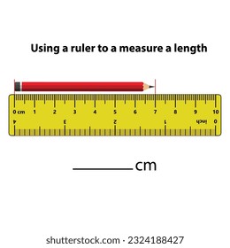 Medición de la longitud en centímetros con la regla. Educación desarrollando hoja de trabajo. Juego para niños. Rompecabezas para los niños. Ilustración vectorial. estilo de dibujos animados.