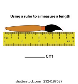 Measuring length in centimeters with the ruler. Education developing worksheet. Game for kids. Puzzle for children. Vector illustration. cartoon style.