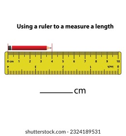 Measuring length in centimeters with the ruler. Education developing worksheet. Game for kids. Puzzle for children. Vector illustration. cartoon style.