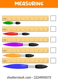 Mediendo la longitud con la regla. Educación desarrollando hoja de trabajo. Juego para niños.Ilustración vectorial. hojas de práctica.Medición de pincel en pulgadas