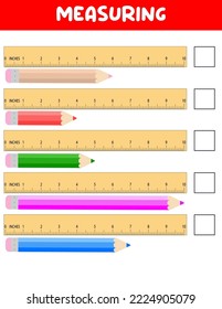 Mediendo la longitud con la regla. Educación desarrollando hoja de trabajo. Juego para niños.Ilustración vectorial. hojas de práctica.Medición de lápiz en pulgadas