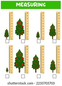 Measuring length  with ruler. Education developing worksheet. Game for kids.Vector illustration. practice sheets.Christmas tree measurement in centimeters.