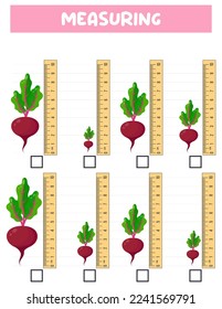 Measuring length  with ruler. Education developing worksheet. Game for kids.Vector illustration. practice sheets.Beet measurement in centimeters.