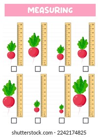 Measuring length  with ruler. Education developing worksheet. Game for kids.Vector illustration. practice sheets.Radish measurement in centimeters.