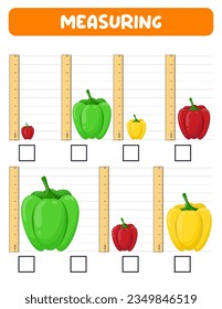 Mediendo la longitud con la regla. Educación desarrollando hoja de trabajo. Juego para niños.Ilustración vectorial. hojas de práctica.Medición de Pepper en pulgadas.