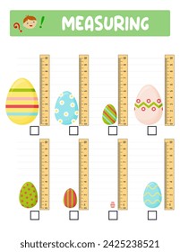 Measuring length with ruler. Education developing worksheet. Game for kids.Vector illustration. practice sheets.Egg measurement in centimeters