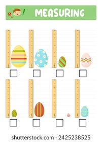 Measuring length  with ruler. Education developing worksheet. Game for kids.Vector illustration. practice sheets.Egg measurement in inches